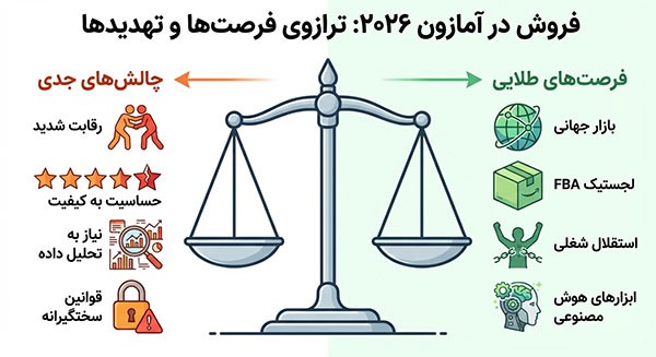 مقایسه مزایا و چالش‌های اصلی فروشندگی در آمازون در سال ۲۰۲۶ شامل رقابت، لجستیک و هوش مصنوعی